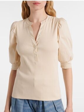 Veronica Beard Coralee Puff-Sleeve Tee Beige "Limestone" Top Size XS $198